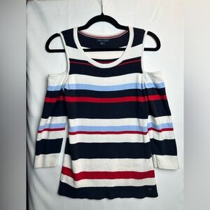 Tommy Hilfiger Striped Cold Shoulder Sweater Top Medium Red, Blue and White